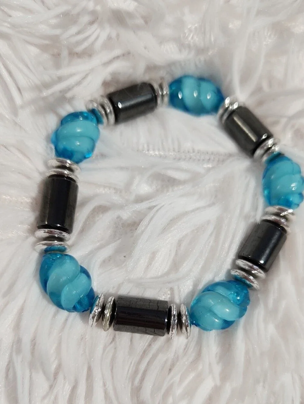 Blue Glass and Hematite Stretch Bracelet